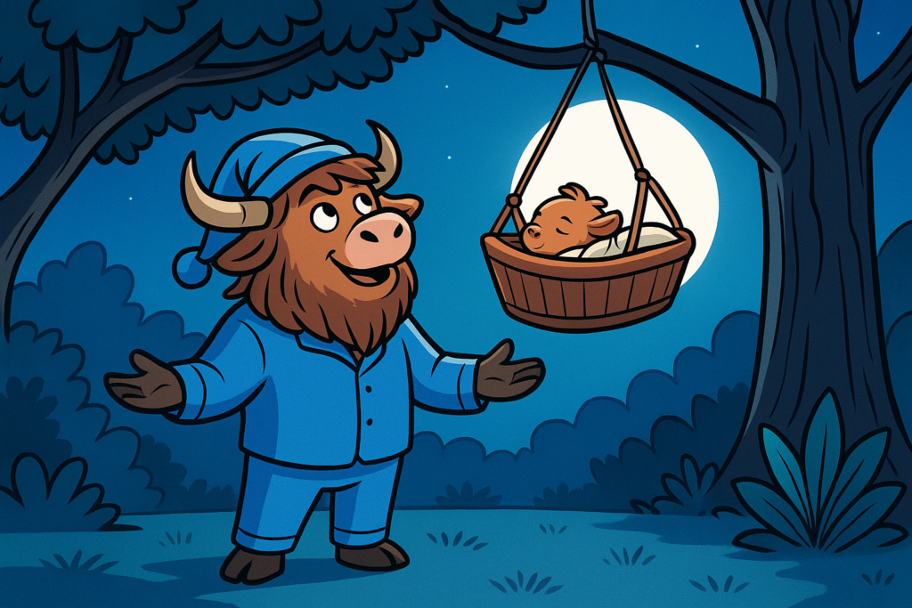 An editorial cartoon of a personified yak in pajamas and nightcap standing under a moonlit tree with open arms, reaching toward a wooden cradle with a baby yak swaying on a high branch.