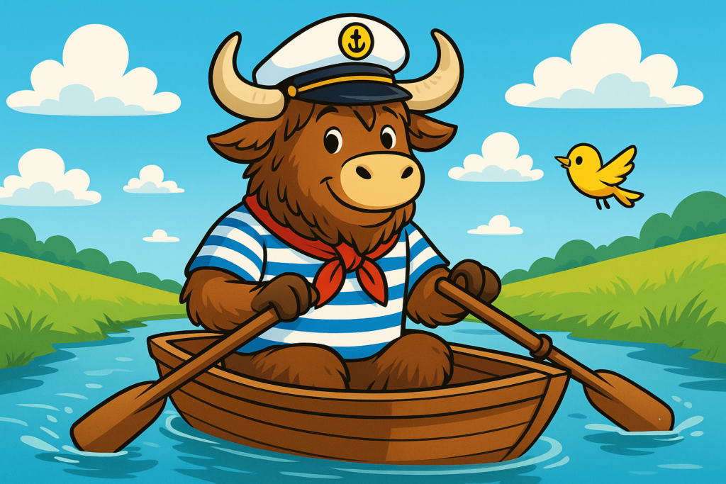 A cheerful yak mascot in a sailor outfit rows a wooden boat on a peaceful river under a sunny sky, with a little bird flying beside it.