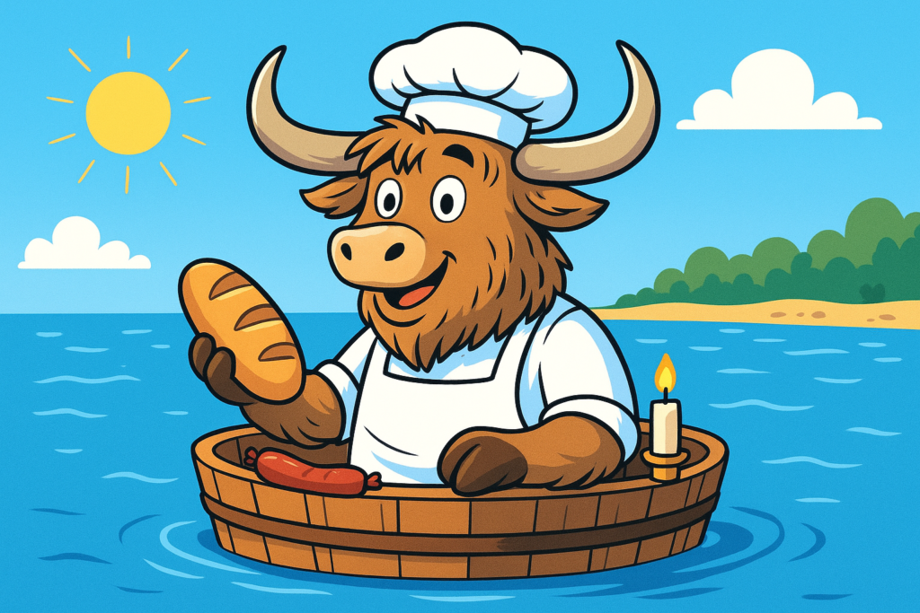 A personified yak dressed as a baker with a hat and apron, sitting in a wooden washtub floating on calm water, holding a loaf of bread, and looking surprised and cheerful. A sausage and candlestick are also in the tub.