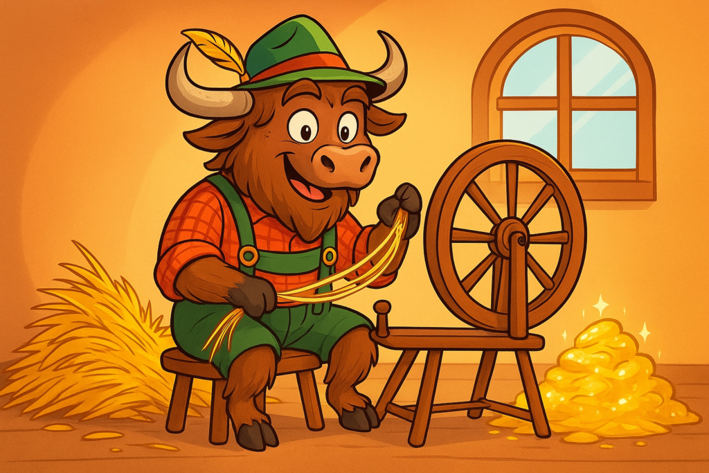 A personified yak with curved horns and shaggy fur, dressed in green lederhosen and a Tyrolean hat, sits at a spinning wheel spinning straw into gold. The yak looks mischievous yet friendly.