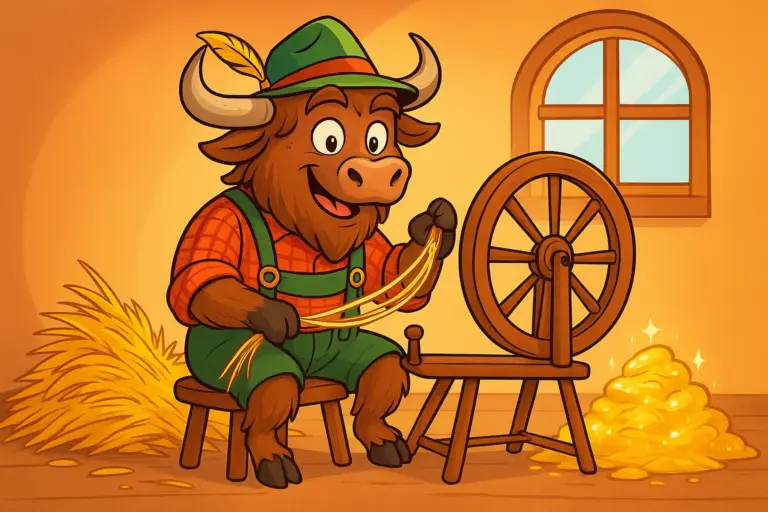 A personified yak with curved horns and shaggy fur, dressed in green lederhosen and a Tyrolean hat, sits at a spinning wheel spinning straw into gold. The yak looks mischievous yet friendly.