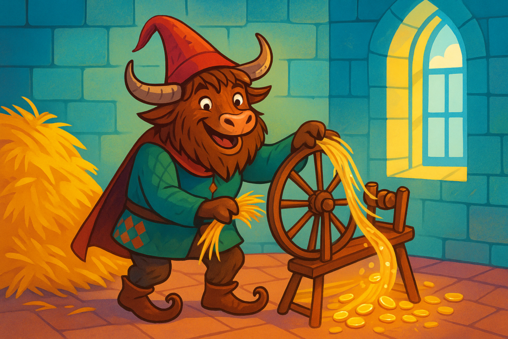 A playful editorial illustration featuring a yak mascot dressed as Rumpelstiltskin, with shaggy fur and horns, wearing a pointy hat and tunic, spinning straw into gold at a spinning wheel in a bright castle room.