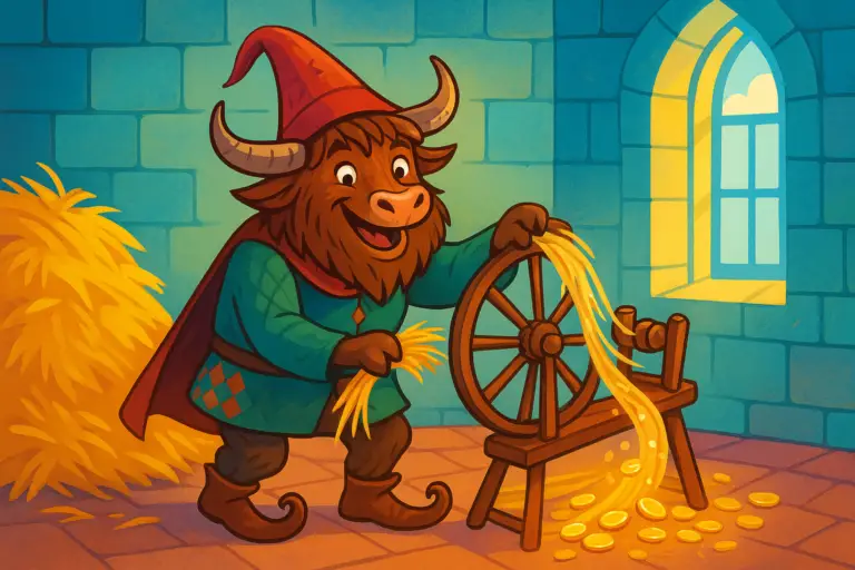 A playful editorial illustration featuring a yak mascot dressed as Rumpelstiltskin, with shaggy fur and horns, wearing a pointy hat and tunic, spinning straw into gold at a spinning wheel in a bright castle room.