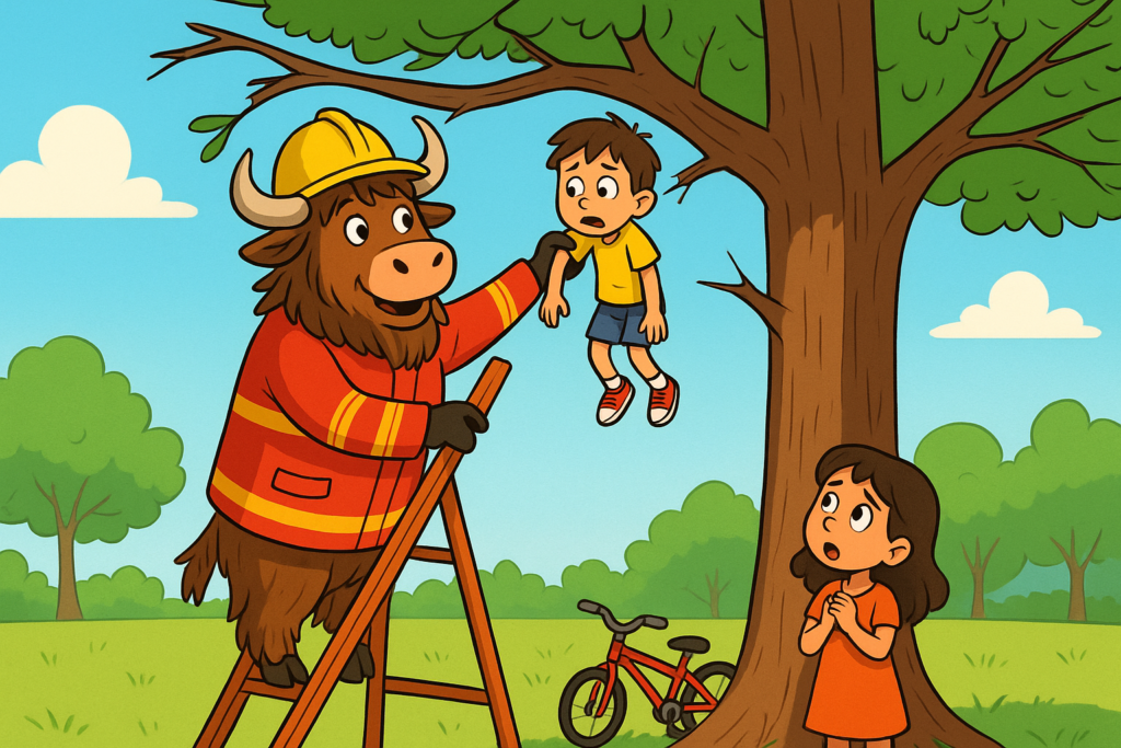 A personified yak in a firefighter uniform climbs a ladder to rescue a boy hanging from a tree branch, in a bright cartoon illustration.