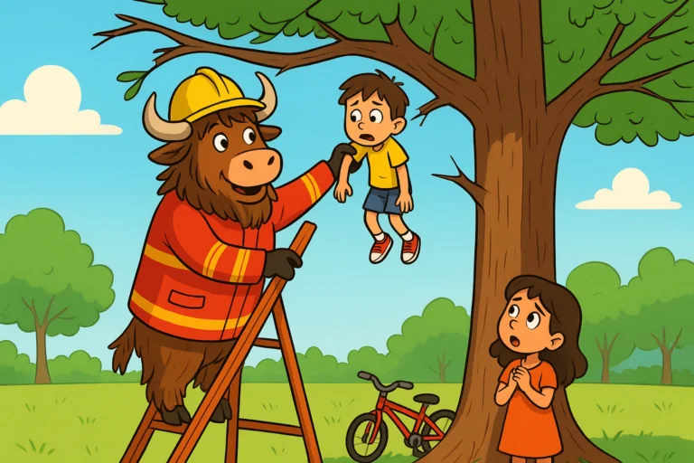 A personified yak in a firefighter uniform climbs a ladder to rescue a boy hanging from a tree branch, in a bright cartoon illustration.
