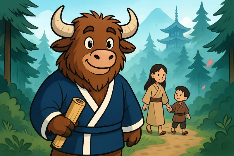 A personified yak mascot in a navy Japanese happi coat stands smiling in the foreground. Behind him, a misty mountain landscape shows a brave sister leading her younger brother toward a distant temple, holding an amulet.