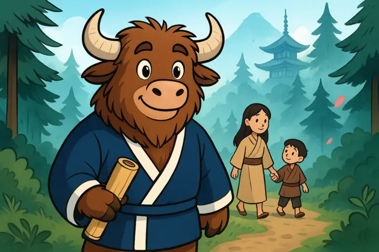 A personified yak mascot in a navy Japanese happi coat stands smiling in the foreground. Behind him, a misty mountain landscape shows a brave sister leading her younger brother toward a distant temple, holding an amulet.