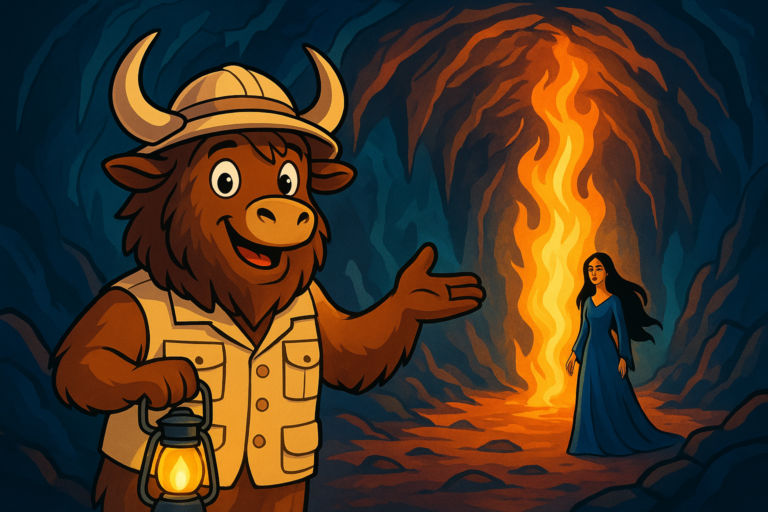 A yak mascot dressed as an explorer stands in the foreground of an underground cave, pointing to a blazing fiery pillar and the immortal queen Ayesha with flowing dark hair.