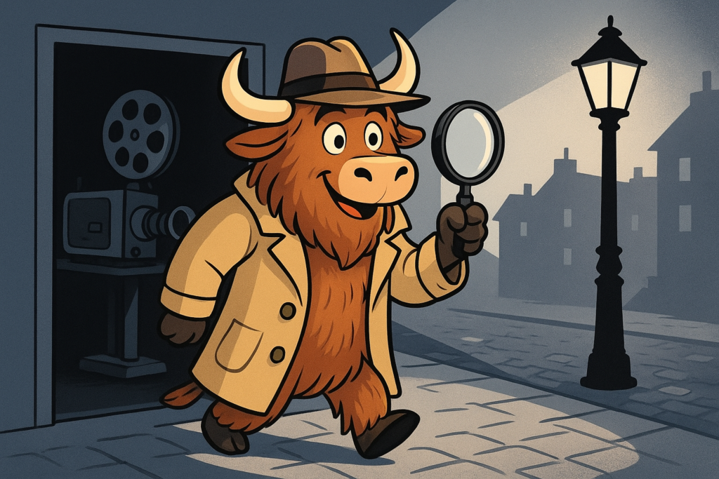 A cartoon yak dressed as a detective with a magnifying glass, stepping from a cinema projection booth into a black-and-white film scene.