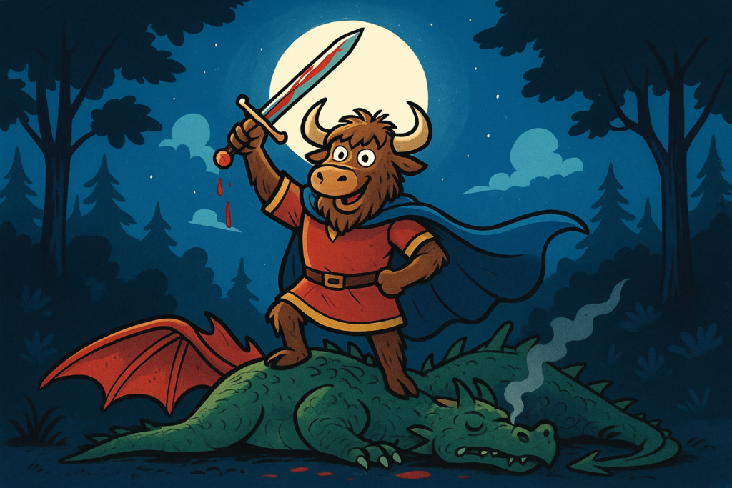 A yak mascot dressed as the hero Siegfried stands triumphantly on a dead dragon, holding a shining sword aloft in a moonlit forest.