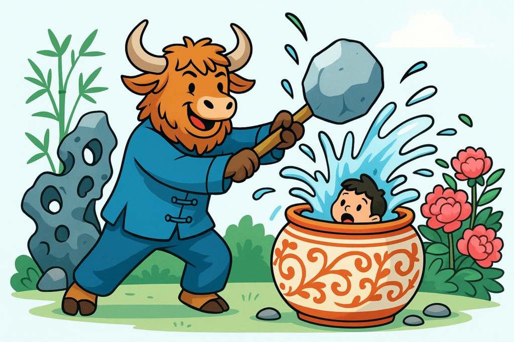 A personified yak with shaggy fur and curved horns, dressed in a traditional Chinese boy's outfit, swings a large rock at a cracking water vat as water bursts out and a child inside looks surprised, set in a bright garden with rocks and bamboo.