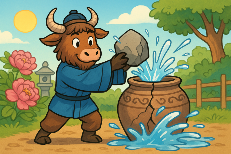 A personified yak dressed in traditional Chinese attire smashes a water vat with a rock, water splashing out, in a bright garden scene.