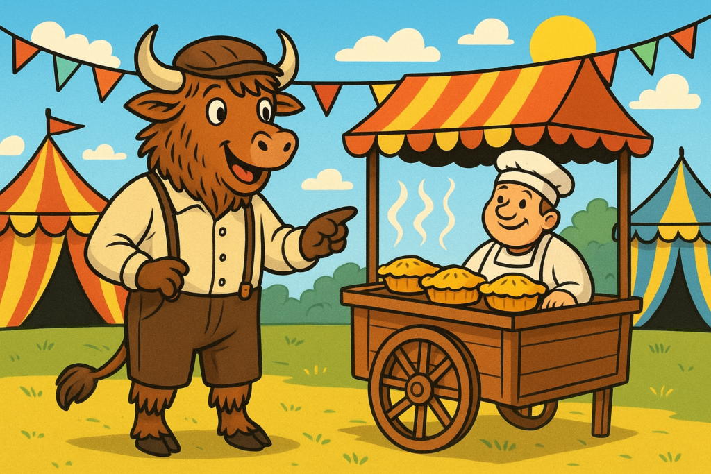 A personified yak dressed as Simple Simon, in old-fashioned clothes, pointing at pies on a pieman's cart at a fair.