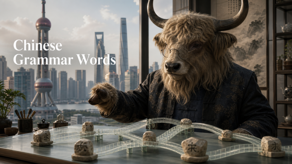 Adult Yak Yacker explaining Chinese grammar words in a modern Shanghai tea studio.