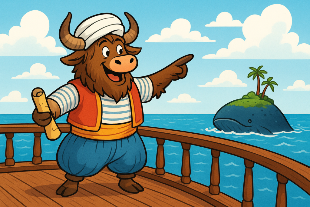 A yak dressed as Sinbad the Sailor stands on a ship deck, pointing toward a whale that looks like an island.