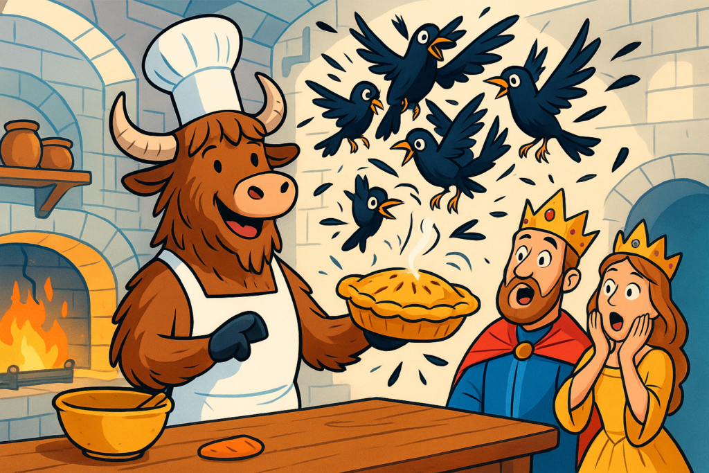 A yak chef in a white apron and tall hat opens a steaming pie on a wooden table in a medieval kitchen, as numerous blackbirds fly out in a flurry of feathers, surprising a king and queen who look on with astonishment.
