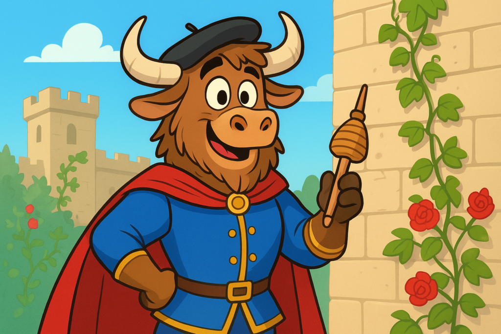 A yak mascot dressed as a French prince with a beret, holding a spindle, stands in a bright castle courtyard. He has a shaggy coat, curved horns, and a goofy expression. The scene is colorful and playful, with rose briars and stone walls in the background.