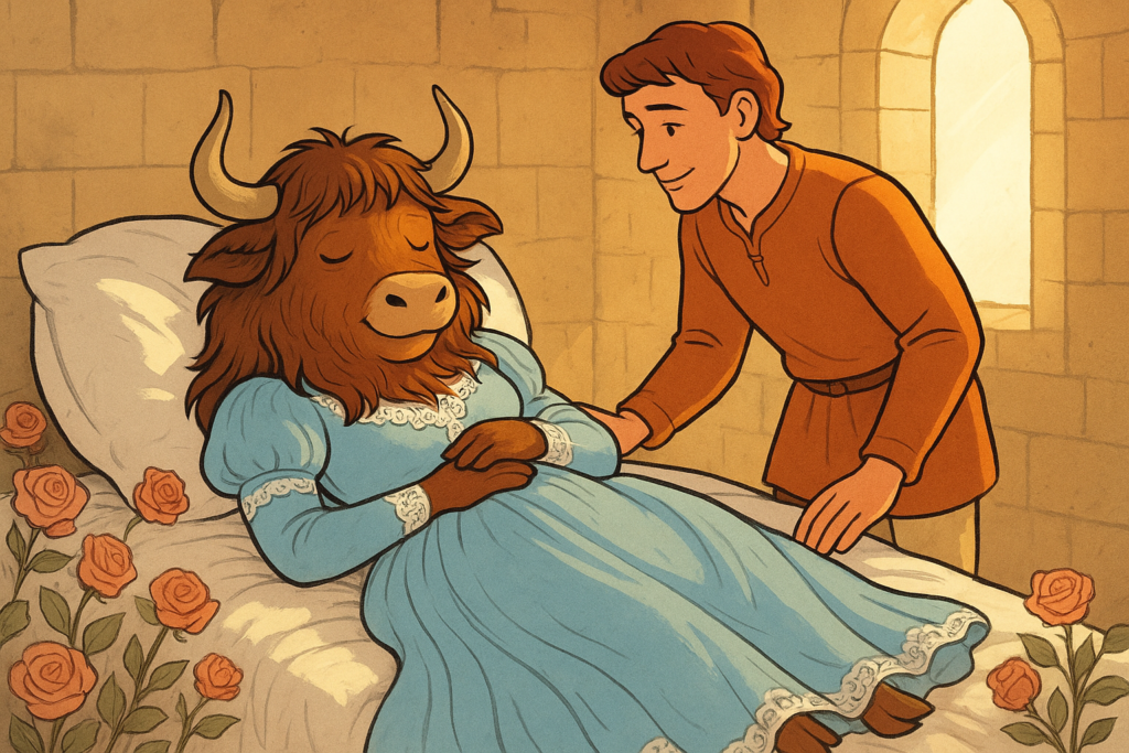 A shaggy yak dressed as a princess sleeps on a silk bed in a sunlit tower room, while a human prince leans over her. Faded roses surround them.