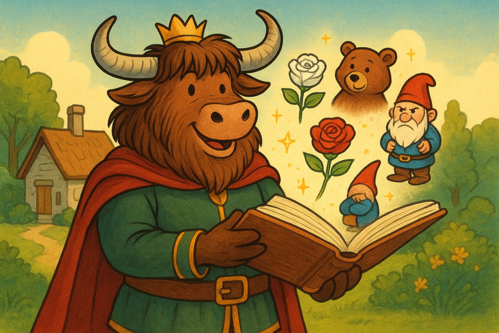 A cartoon yak dressed as a medieval storyteller with a crown, holding an open book that magically reveals a white rose, red rose, bear, and dwarf, against a bright storybook background.