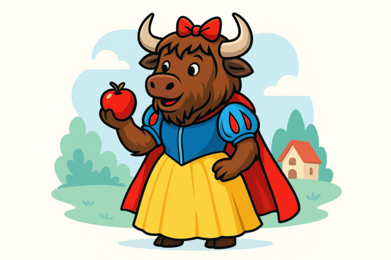 A personified yak mascot with shaggy fur and curved horns, dressed as Snow White in a blue and yellow dress with a red bow, holding a shiny red apple. The yak stands in front of a simple storybook-style background with trees and a cottage.