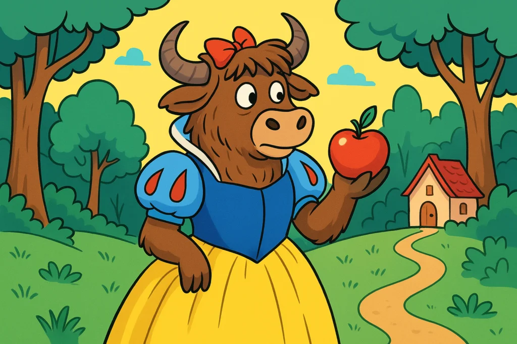 A personified yak mascot dressed as Snow White in a blue and yellow gown, holding a red apple in a bright, editorial-style illustration.