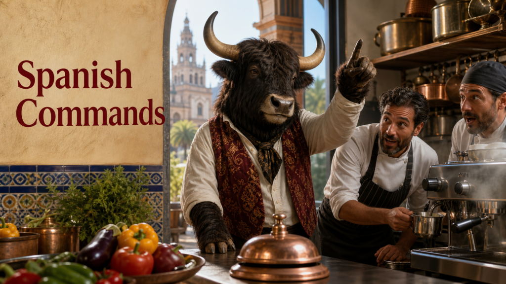 Adult Yak Yacker demonstrating Spanish commands in a bustling Sevilla kitchen.