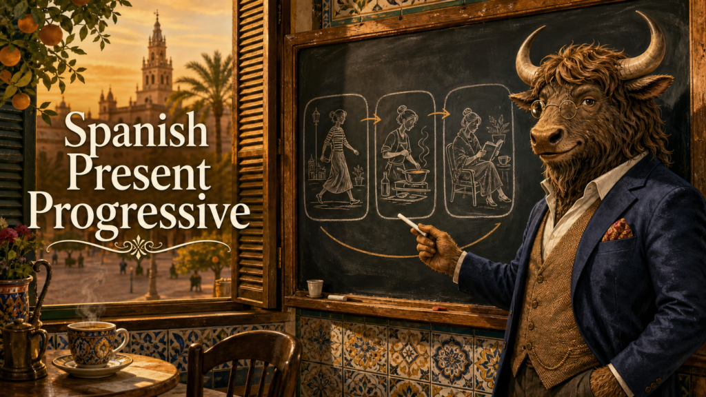 Adult Yak Yacker teacher explaining Spanish present progressive actions on a chalkboard in a Seville café classroom.