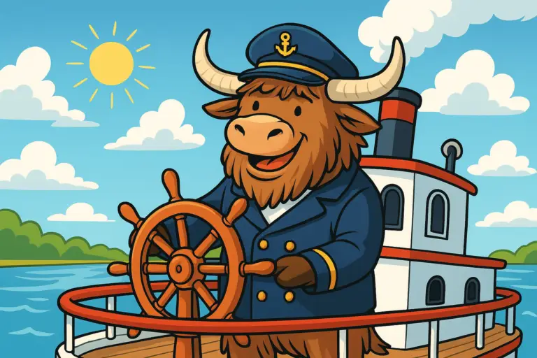 A cartoon yak dressed as a steamboat captain, smiling and holding a ship's wheel on a sunny river.