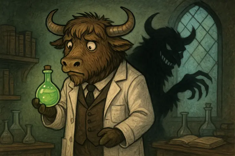 A yak dressed as a Victorian scientist holds a glowing potion, with a shadow split between his normal self and a monstrous Mr. Hyde figure.