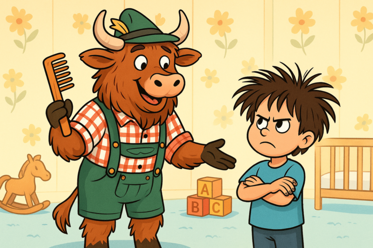 A cartoon yak mascot dressed in lederhosen and a Tyrolean hat holds a comb and gestures toward a messy-haired boy standing defiantly in an old-fashioned nursery.