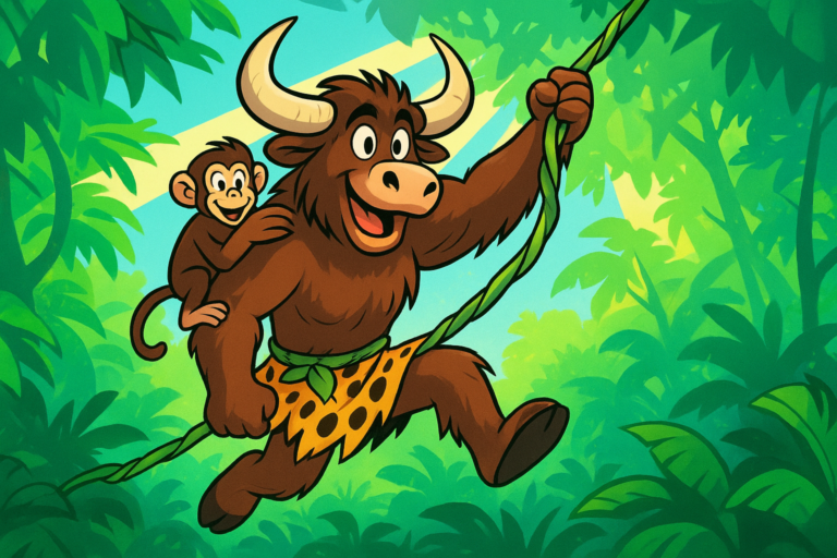 A personified yak mascot dressed as Tarzan swings on a thick vine through a lush jungle. A chimpanzee rides on its back. Sunlight streams through the leaves. The yak has a warm, funny expression.