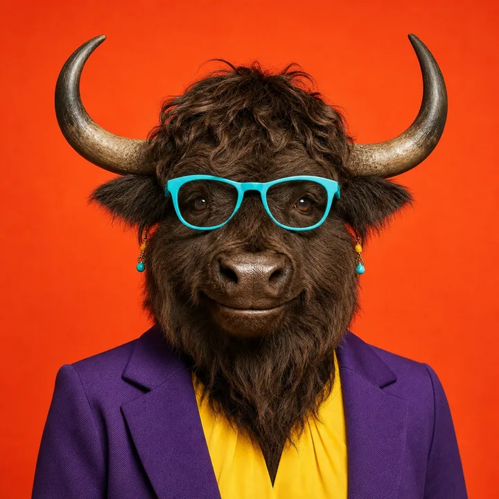 Photorealistic portrait of Dr. Cudrey Bloom in a purple suit, yellow blouse, and turquoise glasses.