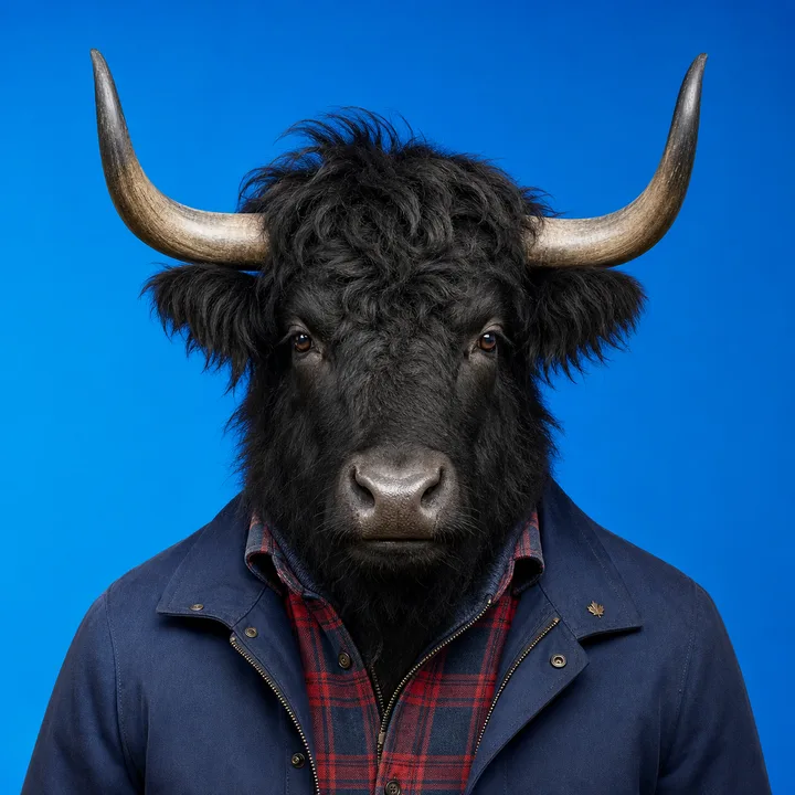 Photorealistic portrait of JJ Pryor as a cool Canadian yak in a navy jacket and red plaid shirt.