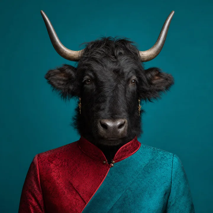 Photorealistic portrait of Dr. Manda Rin in a modern crimson and teal Mandarin-collar jacket.