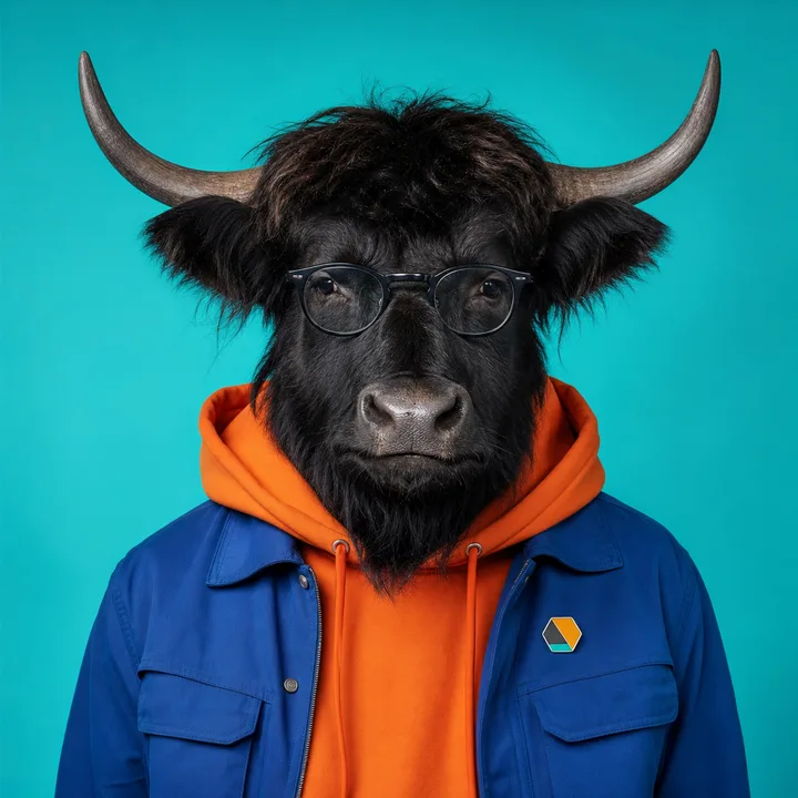 Photorealistic portrait of Pixel McHoof in cobalt techwear over an orange hoodie.