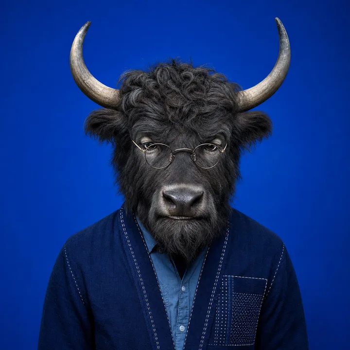 Photorealistic portrait of Yuki Yakemura in a contemporary indigo workwear jacket.
