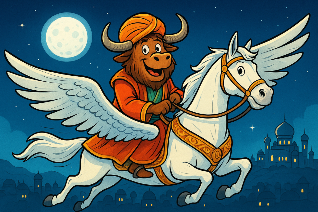 A cartoon yak dressed as Prince Achmed in a turban and flowing robes, riding a winged horse over a moonlit desert city toward a glowing palace.