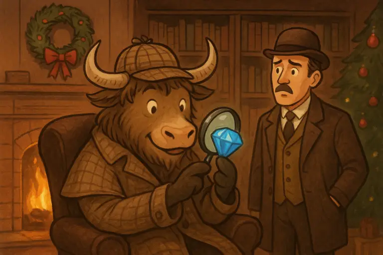 A yak mascot dressed as Sherlock Holmes examines a sparkling blue jewel with a magnifying glass by a fireplace, as a confused human Dr. Watson looks on.