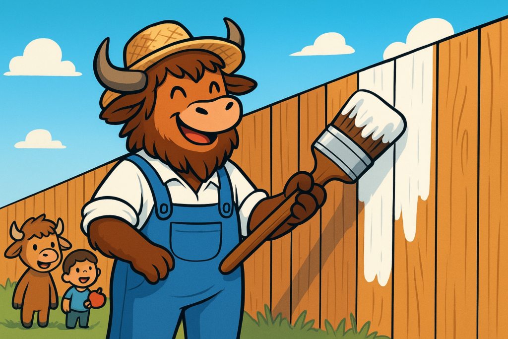 A cartoon yak dressed as Tom Sawyer, wearing a straw hat and overalls, grins while holding a paintbrush in front of a long fence, with other characters watching.