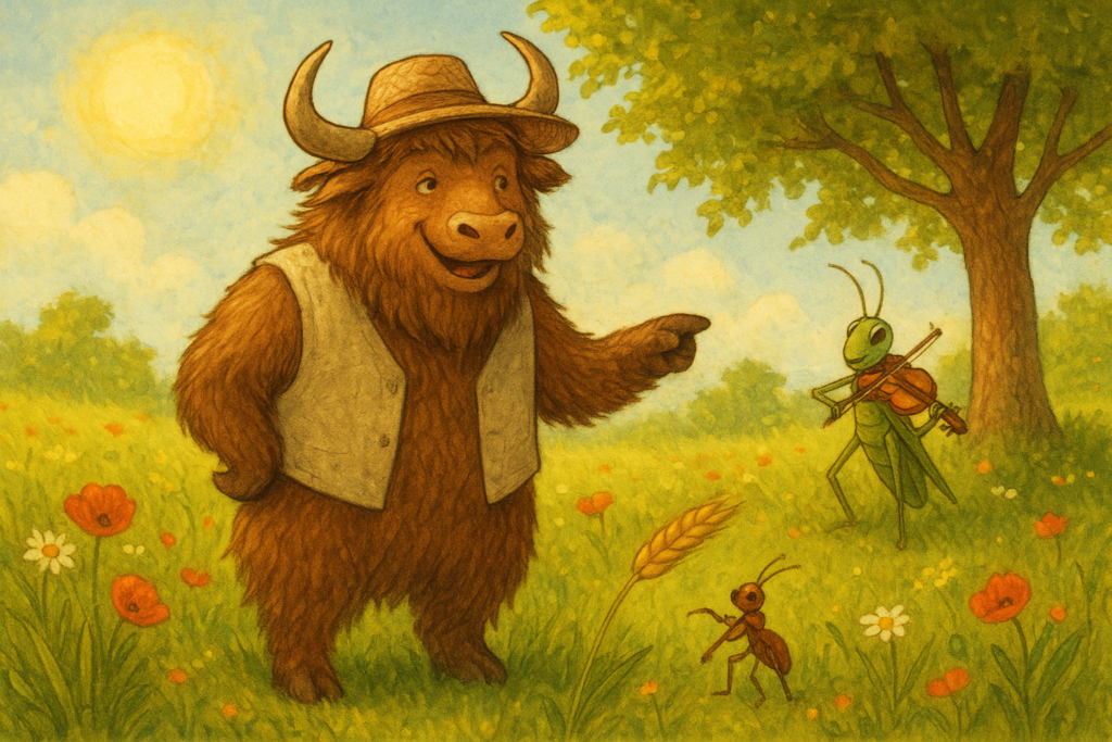 A personified yak in a summer meadow, wearing a vest and straw hat, gestures toward an ant carrying a grain of wheat and a grasshopper playing a fiddle under a tree.