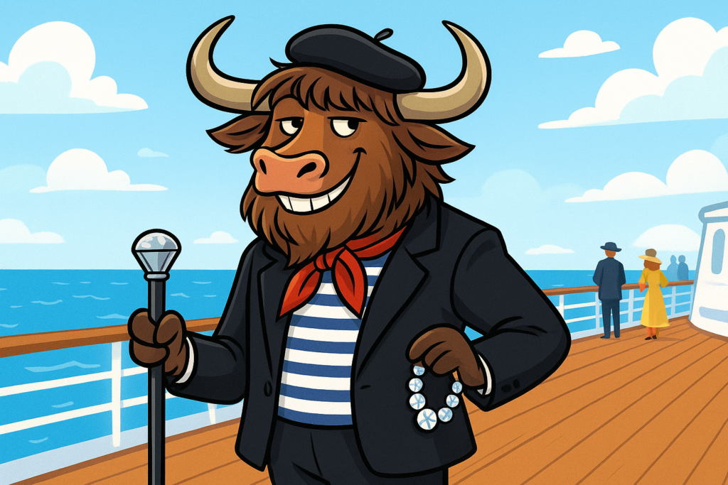 A personified yak dressed as a charming French thief with a beret and striped shirt, holding a cane and diamond necklace with a playful smile on a ship deck.