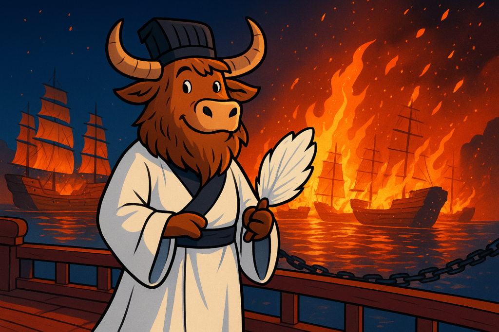 A cartoon yak dressed as an ancient Chinese strategist with a white robe and feather fan stands on a ship, while a naval battle with ships on fire rages in the background at night.
