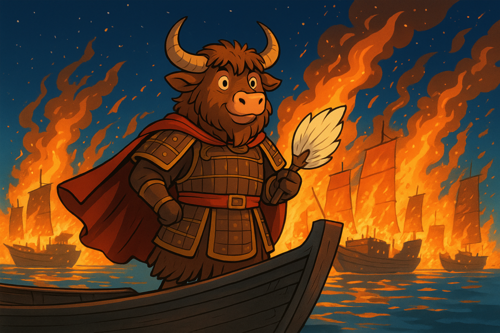 A cartoon yak dressed as a Chinese general stands on a ship, gesturing with a fan toward burning enemy ships on a river at night.