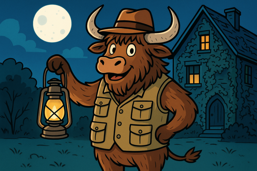 A personified yak mascot in explorer vest and fedora holds a lantern in front of a moonlit, ivy-covered old house with a glowing upstairs window.