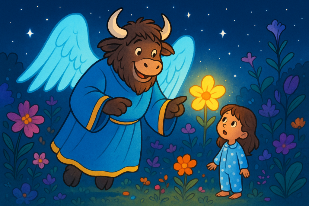 A shaggy yak mascot dressed as a blue angel with glowing wings floats beside a little girl in a magical garden, pointing at a bright flower.