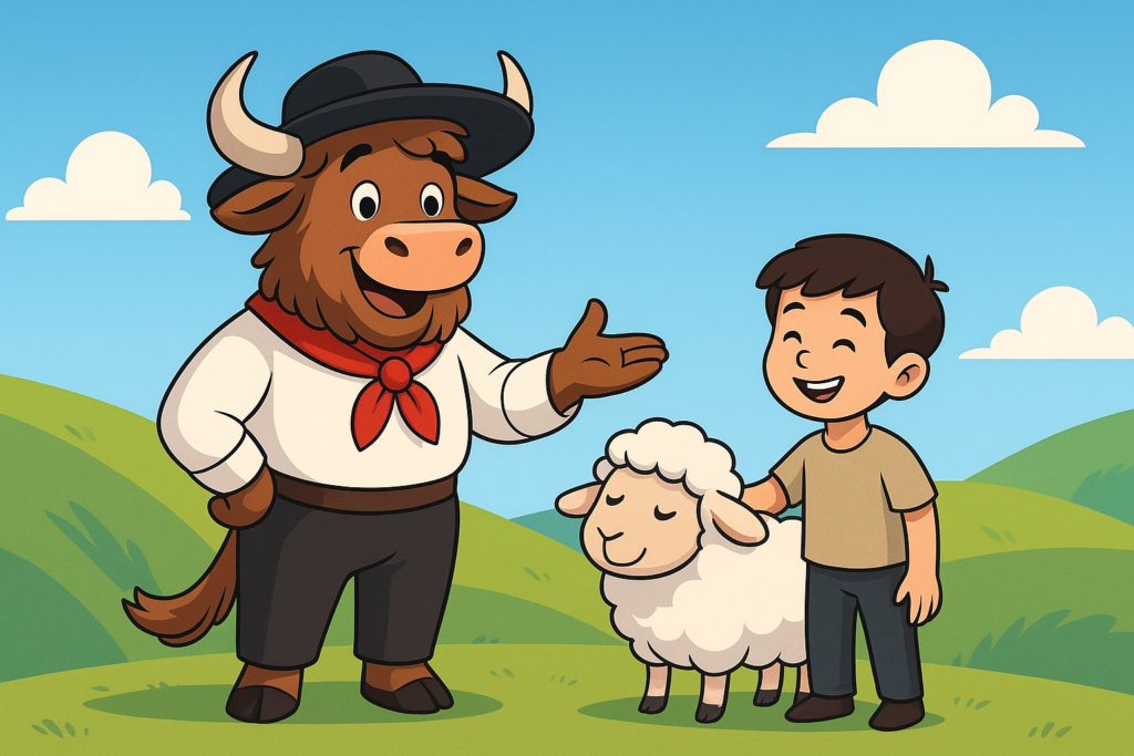 A personified yak mascot dressed as a Spanish shepherd stands on a green hill, smiling and gesturing toward a young boy petting a fluffy sheep. The yak has shaggy fur, curved horns, and a red neckerchief. Bright, cartoon illustration.