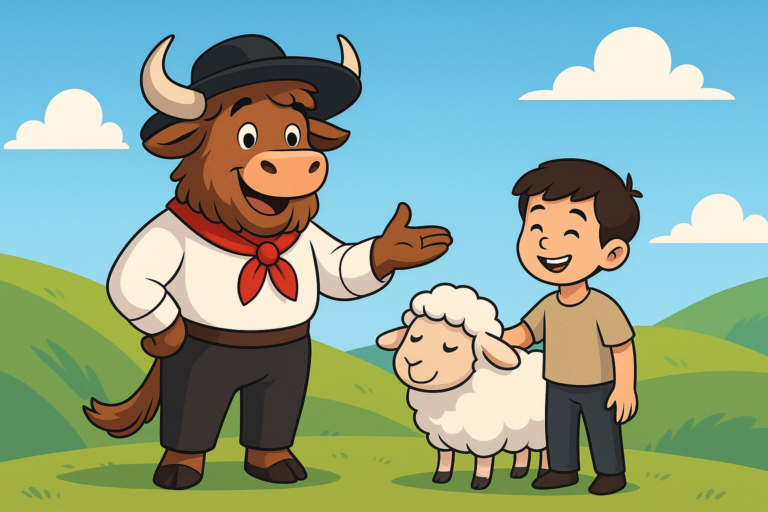 A personified yak mascot dressed as a Spanish shepherd stands on a green hill, smiling and gesturing toward a young boy petting a fluffy sheep. The yak has shaggy fur, curved horns, and a red neckerchief. Bright, cartoon illustration.