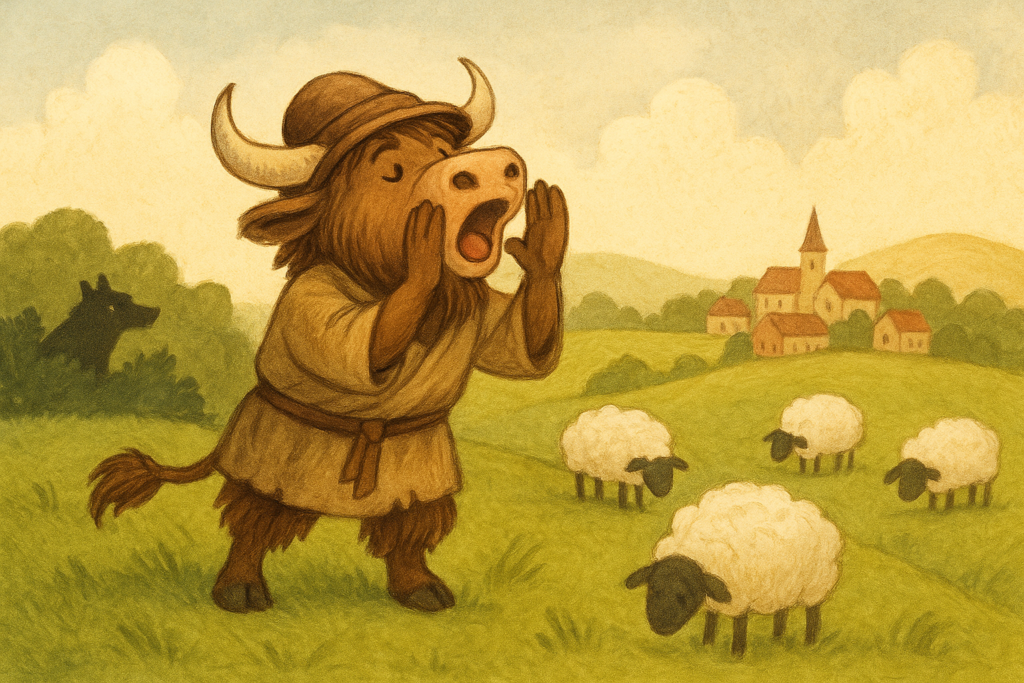 A yak mascot with shaggy fur and curved horns, wearing a shepherd's tunic and hat, shouts with hooves cupped around its mouth on a green hill. Three fluffy sheep are nearby, and a dark wolf shape hides in the background.