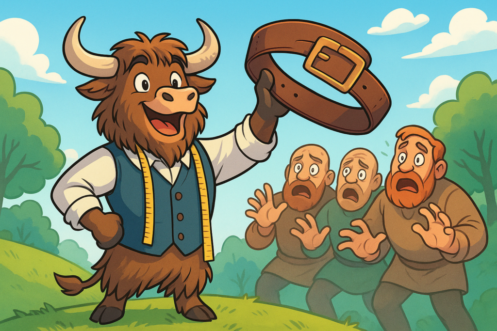 A cartoon yak mascot dressed as a tailor holds up a leather belt proudly while three scared giants stand behind him in a sunny forest clearing.