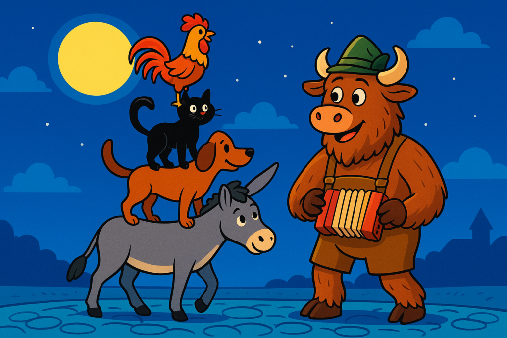A personified yak mascot in lederhosen and a Tyrolean hat leads a tower of animals-donkey, dog, cat, and rooster-down a moonlit road, inspired by the Bremen Town Musicians.